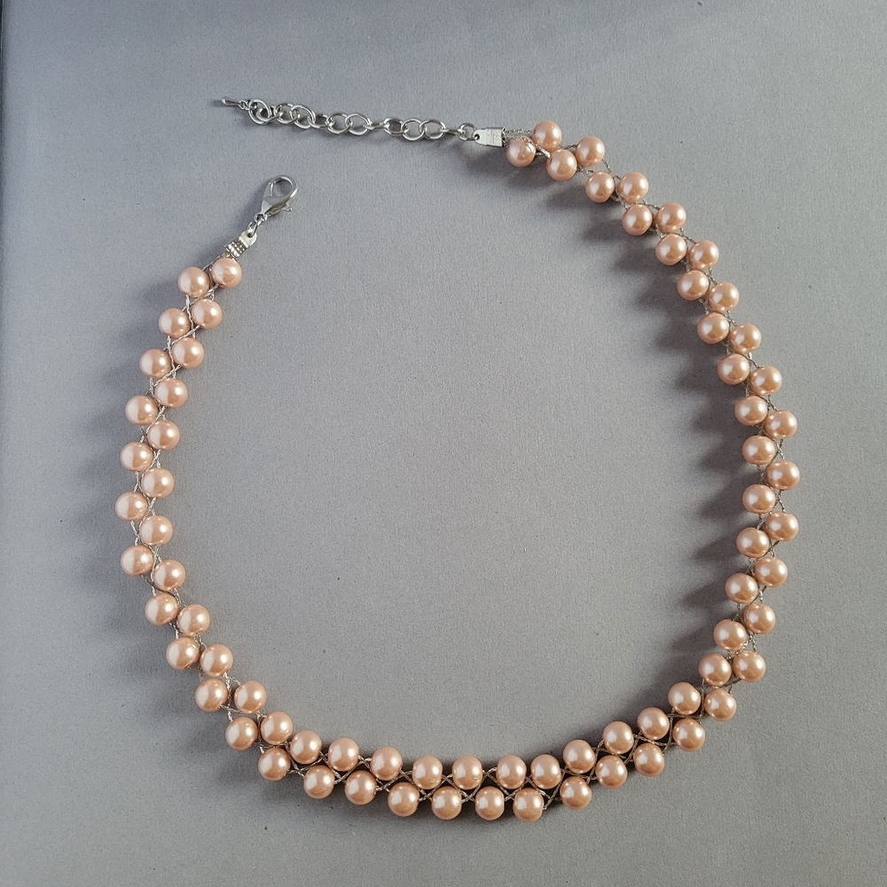 Pink Glass Faux Pearl Cross Braided Beaded Necklace Silver Metal Cobra Chain